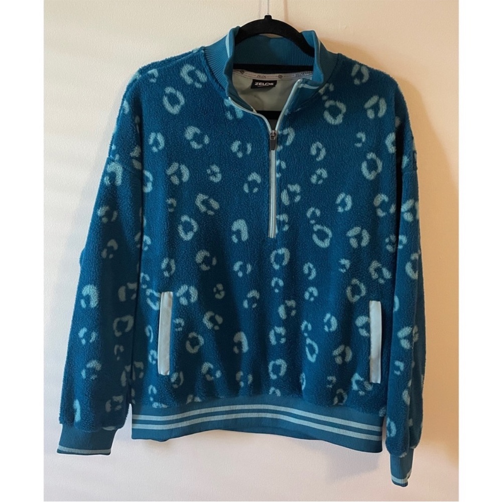 ZELOS Turquoise Leopard Print Pullover Fleece Sweater Womens Medium